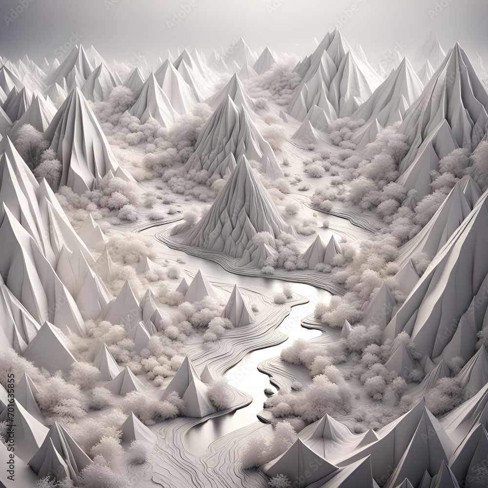 Landschaft mit Bergen und Tälern, wie in den Alpen aus Papier, wie Origami Falttechnik in weiß, 3D Objekte zu Urlaub verreisen Umwelt Naturschutz und Natur Nationalpark Weihnachten und Reisen - obrazy, fototapety, plakaty 
