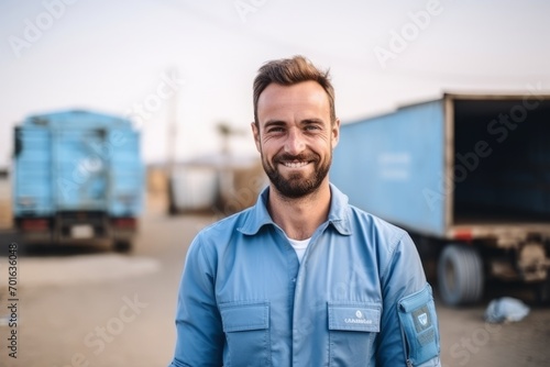 Portrait of a smiling mechanic standing in front of a container truck