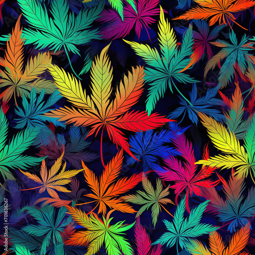 seamless texture pattern with cannabis marijuana leaves on bright psychedelic neon background
