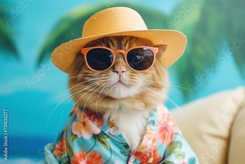 A cute cat wearing a hat with sunglasses and a Hawaii dress happily poses © Muh