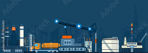 Oil and Gas production industry process, Outbuildings, Petroleum product, Oil storage tank and Extraction. Poster Brochure Flyer Design, Vector Illustration eps10