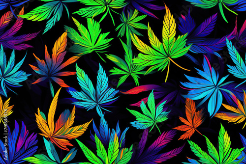 cannabis marijuana leaves on bright psychedelic seamless texture pattern background