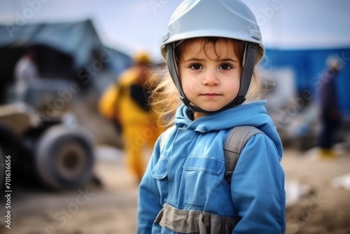 Portrait of a little boy in a protective helmet on construction site