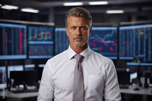 portrait of trader watching on dynamic trade graphics on monitors background