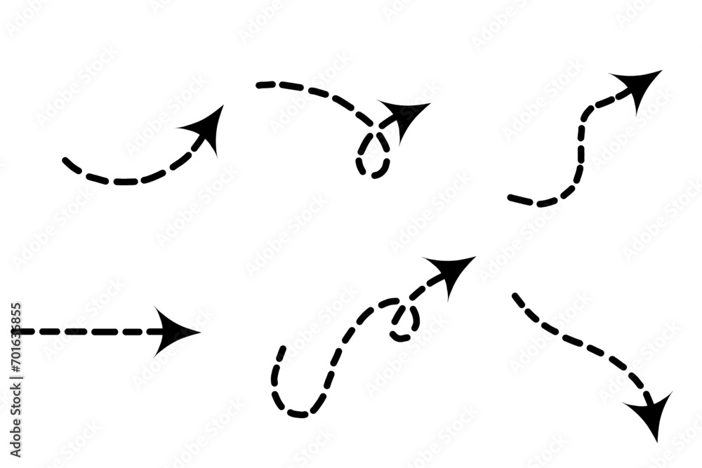 set of hand drawn arrows with dashed line isolated on white background. arrow paint icons. set of hand drawn arrows with dashed line isolated on white background. arrow paint icons.
