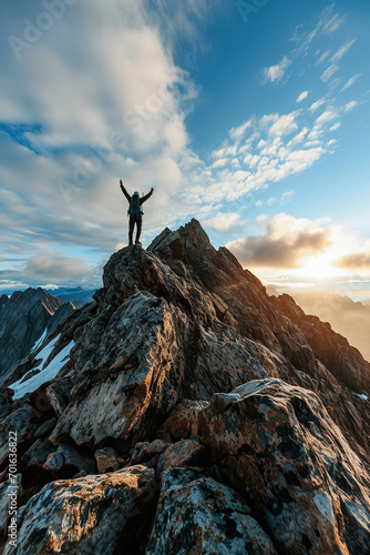 Hiker reaching the summit of a mountain, arms raised in triumph. © EOL STUDIOS