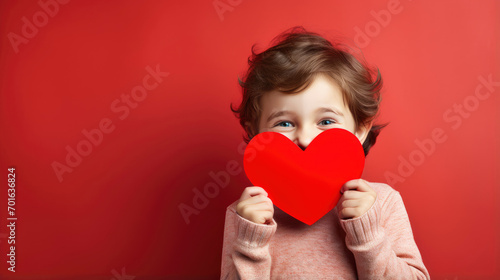 A shy little boy holding a paper heart shape and hiding behind it on grey background photo