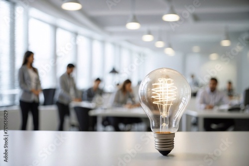 Lightbulb of Innovation on White Office Canvas with Active Employees. Portrays innovation as a beacon in the competitive business environment, ideal for conveying themes of leadership photo