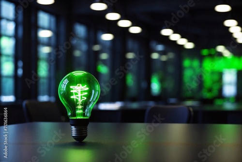 Vibrant Green Bulb Shining Over Black Office and Colleagues. Business Illuminations. Highlights the theme of guidance, knowledge sharing, and discovery in the workplace