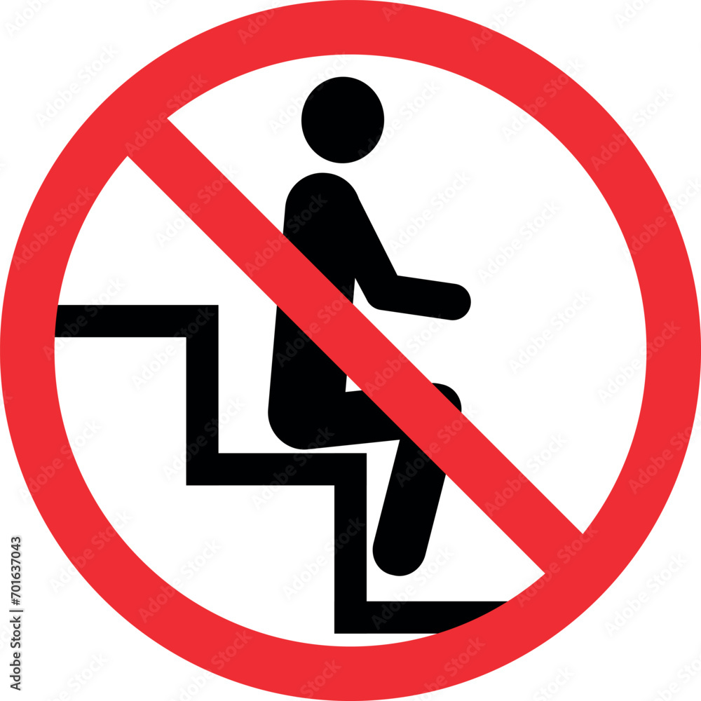 Prohibited sitting in escalator sign. Forbidden signs and symbols. Prohibited sitting in escalator sign. Forbidden signs and symbols.
