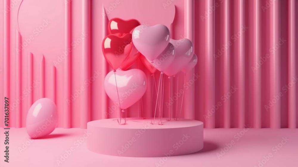 Realistic 3d cylinder podium platform with hearts.Valentine's day sale background. Realistic 3d cylinder podium platform with hearts.Valentine's day sale background.