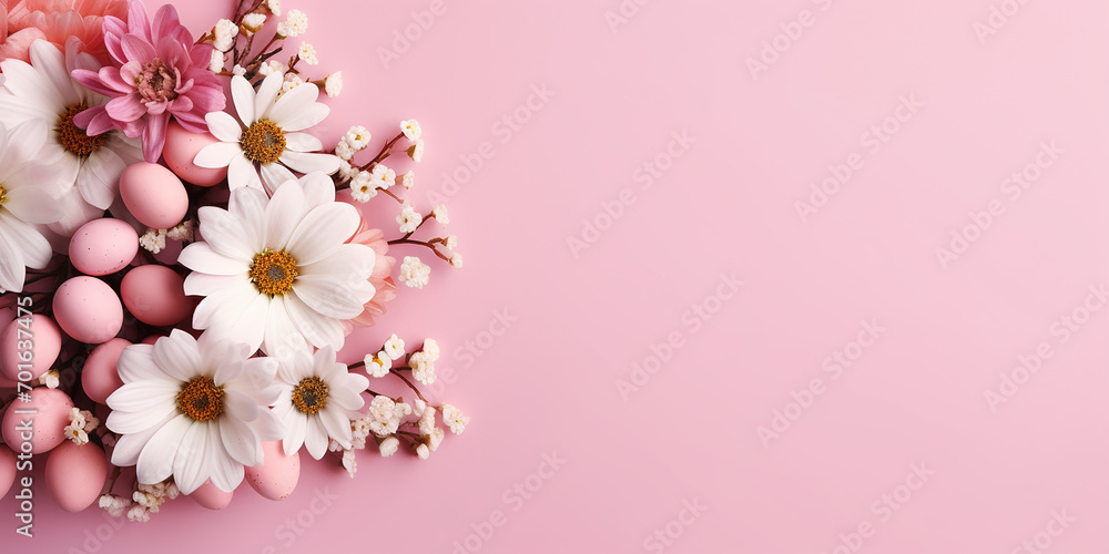 Flat lay Easter composition with spring flowers and painted eggs, pink background	