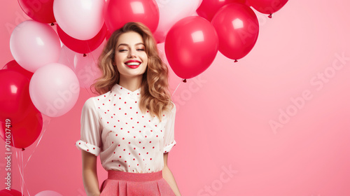 Cheerful beauty girl with red and pink balloon smiling on pink background, Valentines concept