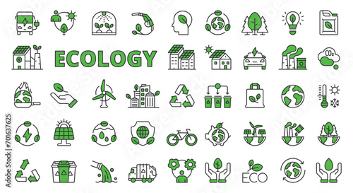Ecology icons in line design green. Environment, green, sustainability, ecosystem, eco friendly, earth, green energy, environment isolated on white background vector. Ecology editable stroke icon. photo