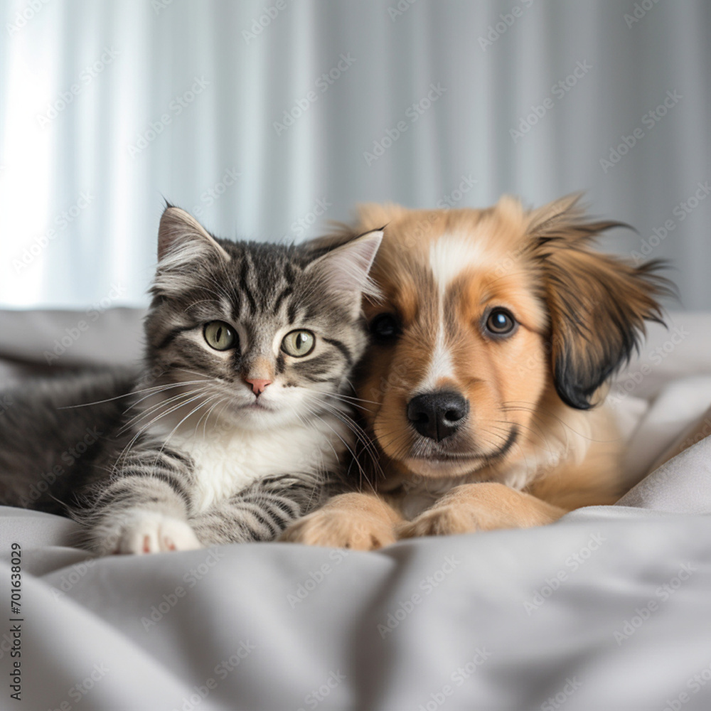 The puppy and the kitten lie under the blanket at home on the bed. Stretched horizontal panoramic image for banner The puppy and the kitten lie under the blanket at home on the bed. Stretched horizontal panoramic image for banner
