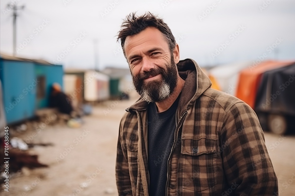 Portrait of a handsome middle-aged man with a beard and mustache, wearing a plaid shirt, standing in a rural area. Portrait of a handsome middle-aged man with a beard and mustache, wearing a plaid shirt, standing in a rural area.