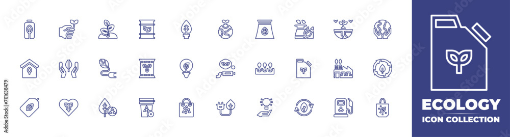 Ecology line icon collection. Editable stroke. Vector illustration. Containing plant, electricity, recycling, eco battery, eco house, eco tag, eco friendly, ecology, eco fuel, green energy, earth.
