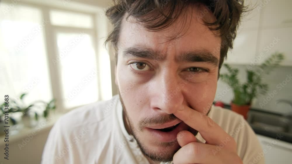 Strange Tousled Hair Portrait Bizarre Expression with Open Mouth and finger in Nose Strange Tousled Hair Portrait Bizarre Expression with Open Mouth and finger in Nose