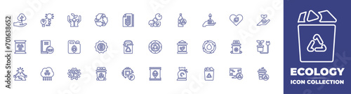 Ecology line icon collection. Editable stroke. Vector illustration. Containing glass bottle, plant, compost, green energy, garbage, world, sprout, recycle, solar energy, recycling container, recycle.
