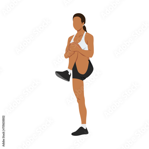 Woman doing standing knee hugs exercise. Flat vector illustration isolated on white background