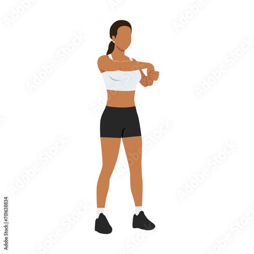 Woman doing standing palm down wrist stretch exercise. Flat vector illustration isolated on white background