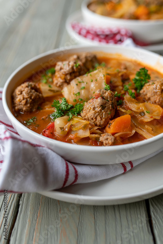Soup with meatballs cabbage and vegetables on a plate.