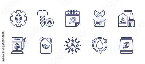 Ecology line icon set. Editable stroke. Vector illustration. Containing gear, eco fuel, dye, recycle, water, compost, recycling, fuel, calendar, mother earth day.