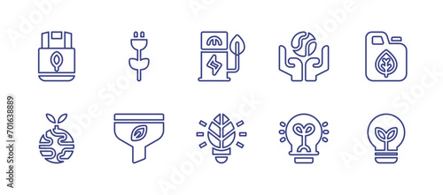 Ecology line icon set. Editable stroke. Vector illustration. Containing eco bag, eco friendly, earth, renewable energy, light bulb, lightbulb, plug, filter, gas station. © Huticon