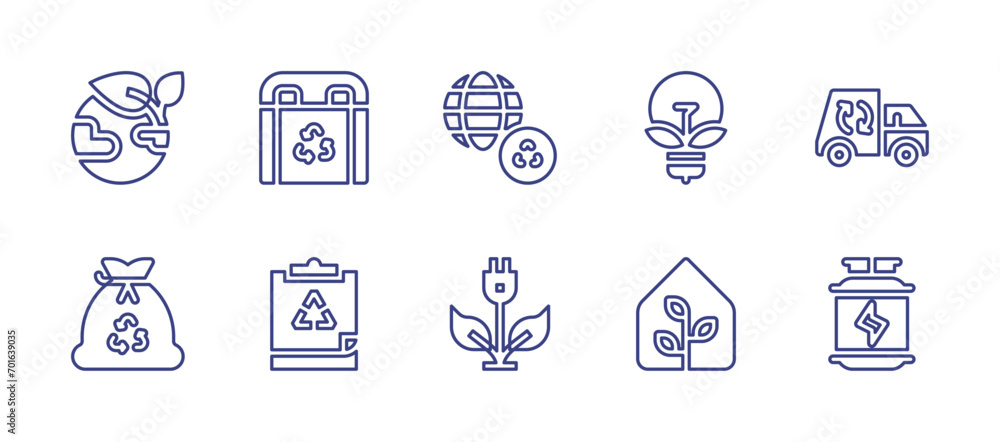 Ecology line icon set. Editable stroke. Vector illustration. Containing earth, trash, bioenergy, recycling truck, greenhouse, hydrogen, plastic bin, recycling, research, green energy.