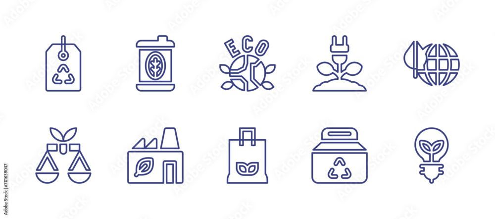 Ecology line icon set. Editable stroke. Vector illustration. Containing eco packaging, eco friendly, eco fuel, ecology, eco factory, light bulb, recycle, green energy, law, take away.