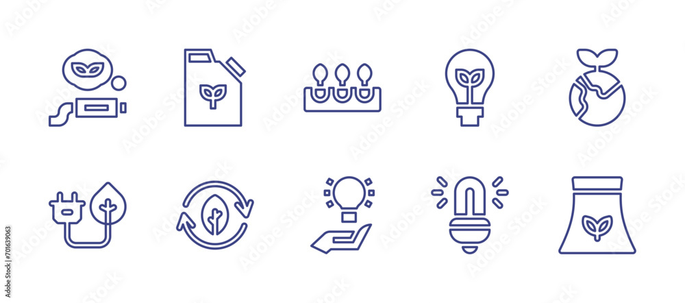 Ecology line icon set. Editable stroke. Vector illustration. Containing eco fuel, green energy, world, fluorescent light, power plant, bioenergy, leaf, hydroponic, light bulb.