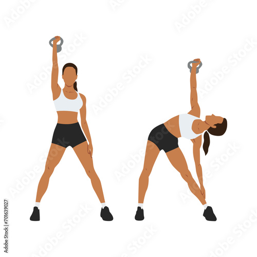 Woman doing Kettlebell windmills exercise. Flat vector illustration isolated on white background