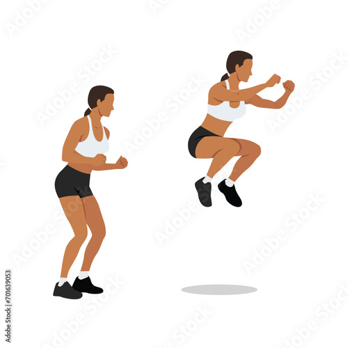 Woman doing Knee tuck jumps exercise. Flat vector illustration isolated on white background