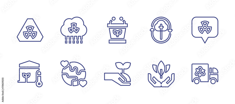 Ecology line icon set. Editable stroke. Vector illustration. Containing responsible, growth, cloud, biomass energy, earth, plants, nuclear, nuclear energy, thermometer, recycling truck.