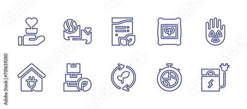 Ecology line icon set. Editable stroke. Vector illustration. Containing invoice, leaves, dialog, fertilizer, tupperware, timer, growth, nuclear, house, battery.