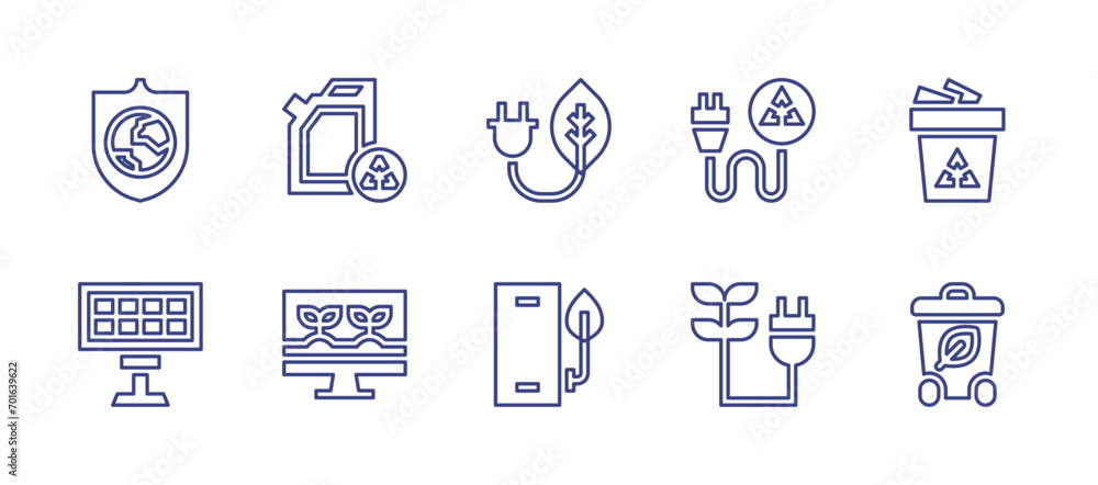 Ecology line icon set. Editable stroke. Vector illustration. Containing green energy, smartphone, organic, recycling, bioenergy, shield, jerrycan, solar panel, monitoring.