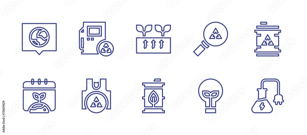 Ecology line icon set. Editable stroke. Vector illustration. Containing geothermal energy, barrel, recycling, fuel, light bulb, chemical, speech bubble, gas station, environment, recycle.