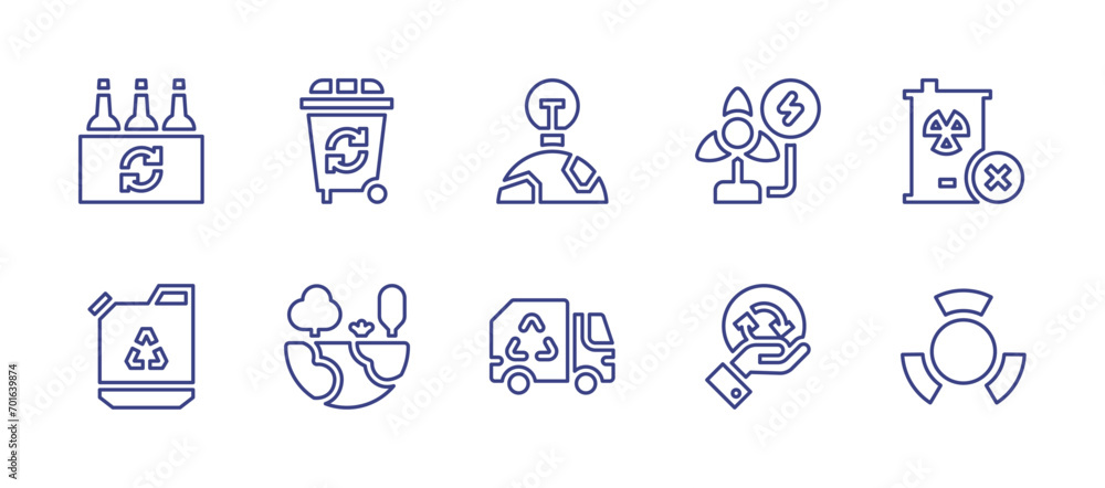 Ecology line icon set. Editable stroke. Vector illustration. Containing wind energy, recycle bin, bottles, nuclear, energy consumption, recycling, world, gas can, garbage truck.