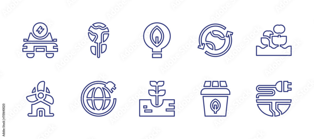 Ecology line icon set. Editable stroke. Vector illustration. Containing innovation, plant a tree, recycle, farming, compost, earth, electric car, green planet, windmill, connection.