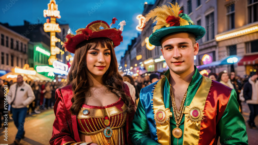Carneval . Faschingsumzug in Deutschland . Viele Menschen in Kostümen . Ballprinzessin und Prinz . KI Generated