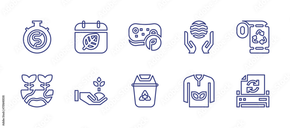 Ecology line icon set. Editable stroke. Vector illustration. Containing sponge, recycle, world oceans day, toilet paper, clothing, recycled paper, chronometer, leaf, plants, plant care.