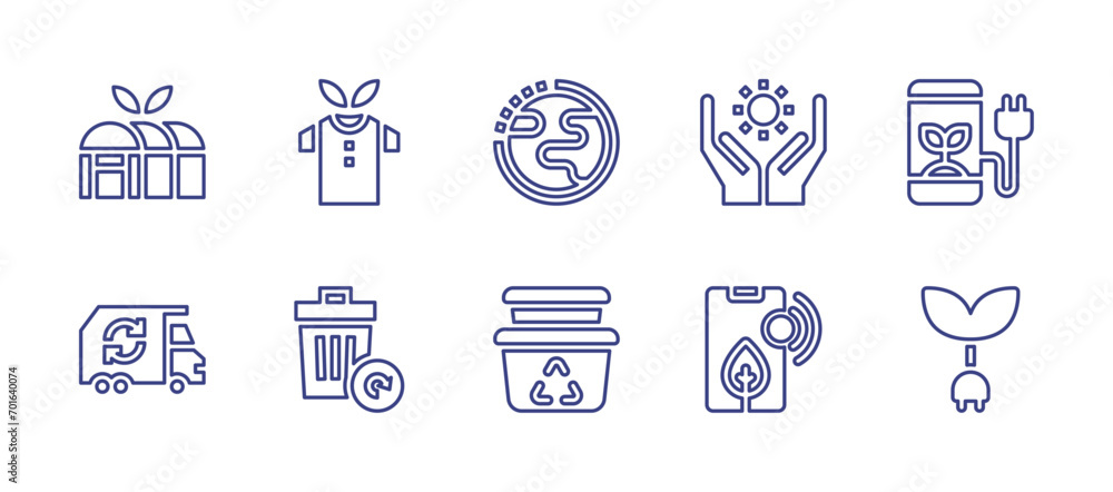 Ecology line icon set. Editable stroke. Vector illustration. Containing earth hour, food container, solar energy, smartphone, plug, vegan agriculture, clothes, garbage truck, refresh data.