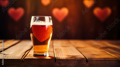 Valentine s Day beer with heart on wooden background photo