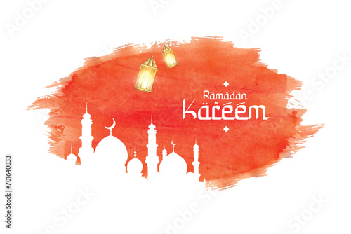 Ramadan kareem wishes or greeting card orange watercolor background banner design with ramzan, ramazan lamp, social media ramazan wishing or sale, advertisement, design vector illustration