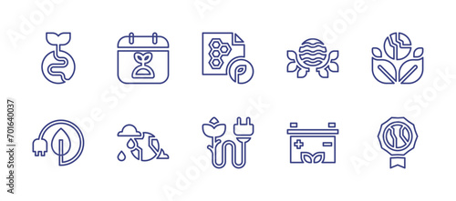 Ecology line icon set. Editable stroke. Vector illustration. Containing beewax paper, green energy, world oceans day, save, battery, reward, earth, sprout, energy saving, world. photo