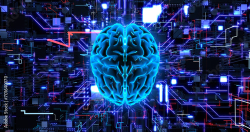 Innovations at the Intersection of AI, Computer Chips, and Technology. Digital Human Brain Symbolizing AI.