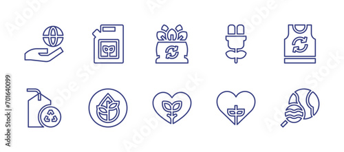 Ecology line icon set. Editable stroke. Vector illustration. Containing jerrycan, recyclable, world, organic, clothes, heart, search, bio energy, grow, hypoallergenic.