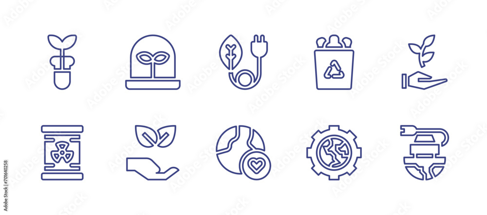 Ecology line icon set. Editable stroke. Vector illustration. Containing green energy, earth, recycling container, plant, save the planet, electric car, seeds, nature, test tube, barrel.