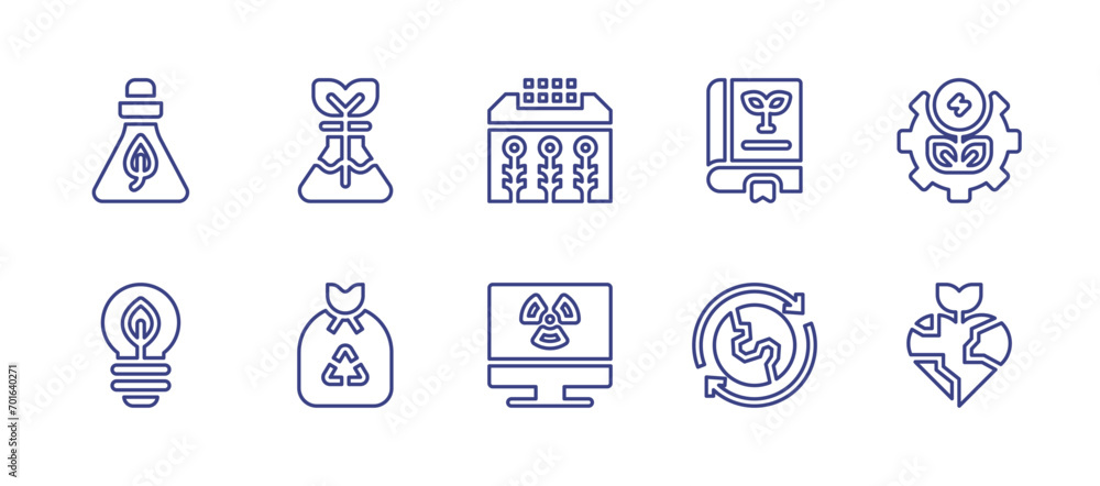 Ecology line icon set. Editable stroke. Vector illustration. Containing flask, innovation, science, light bulb, world, recyclable, solar panel, book, pc, recycle.