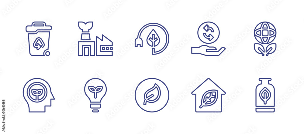 Ecology line icon set. Editable stroke. Vector illustration. Containing energy saving, eco, eco factory, ecology, eco light, packaging, trash, responsability, awareness, green home.